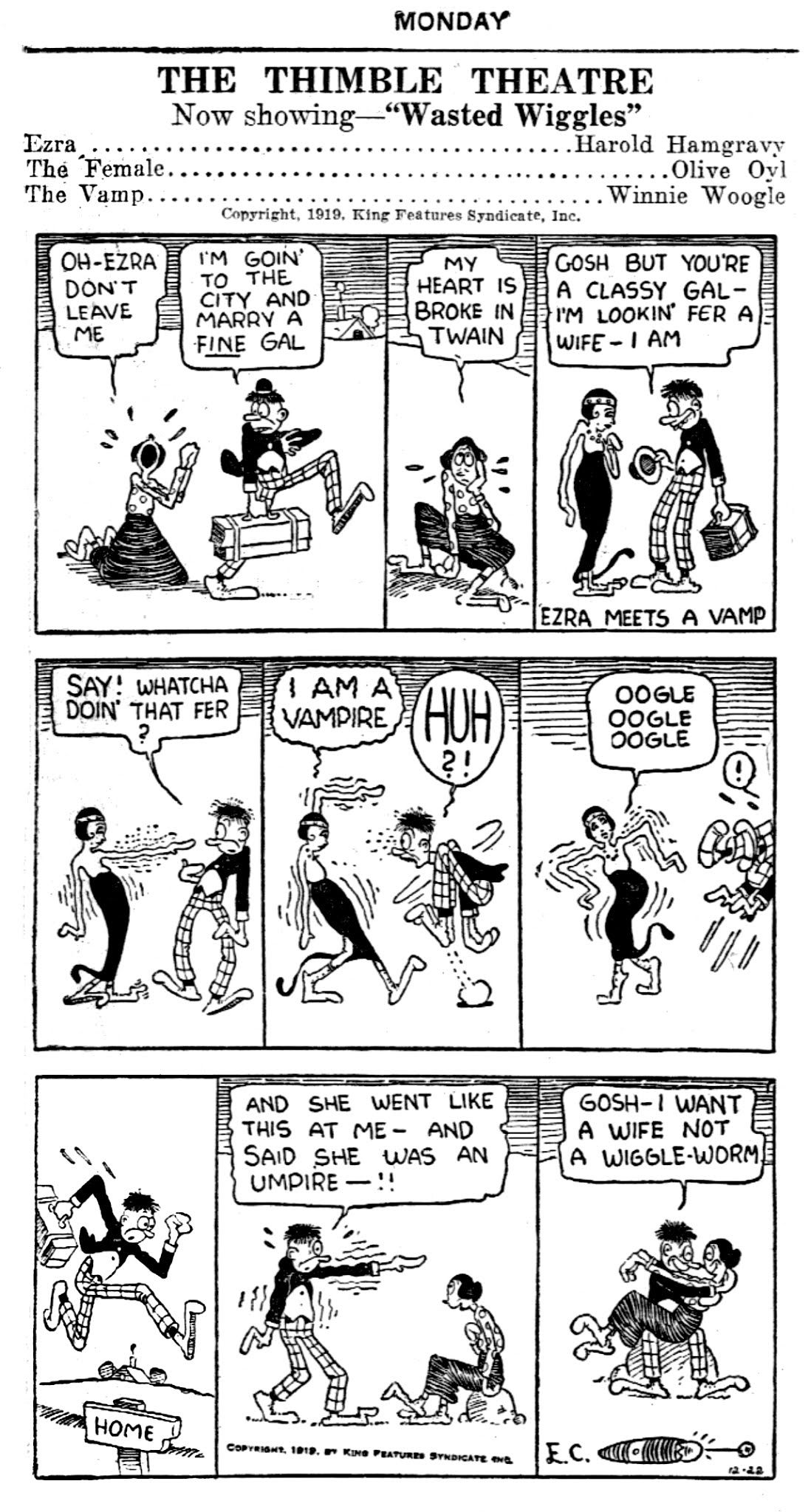 Thimble Theatre strip from December 1919 featuring Olive Oyl, by E.C. Segar